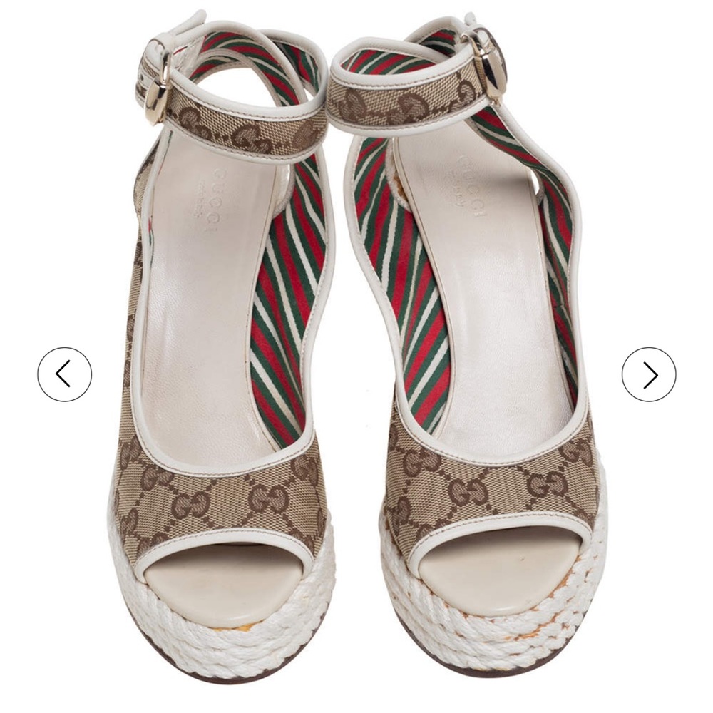 Gucci Beige/White GG canvas Ankle strap wedge sandals size 10B